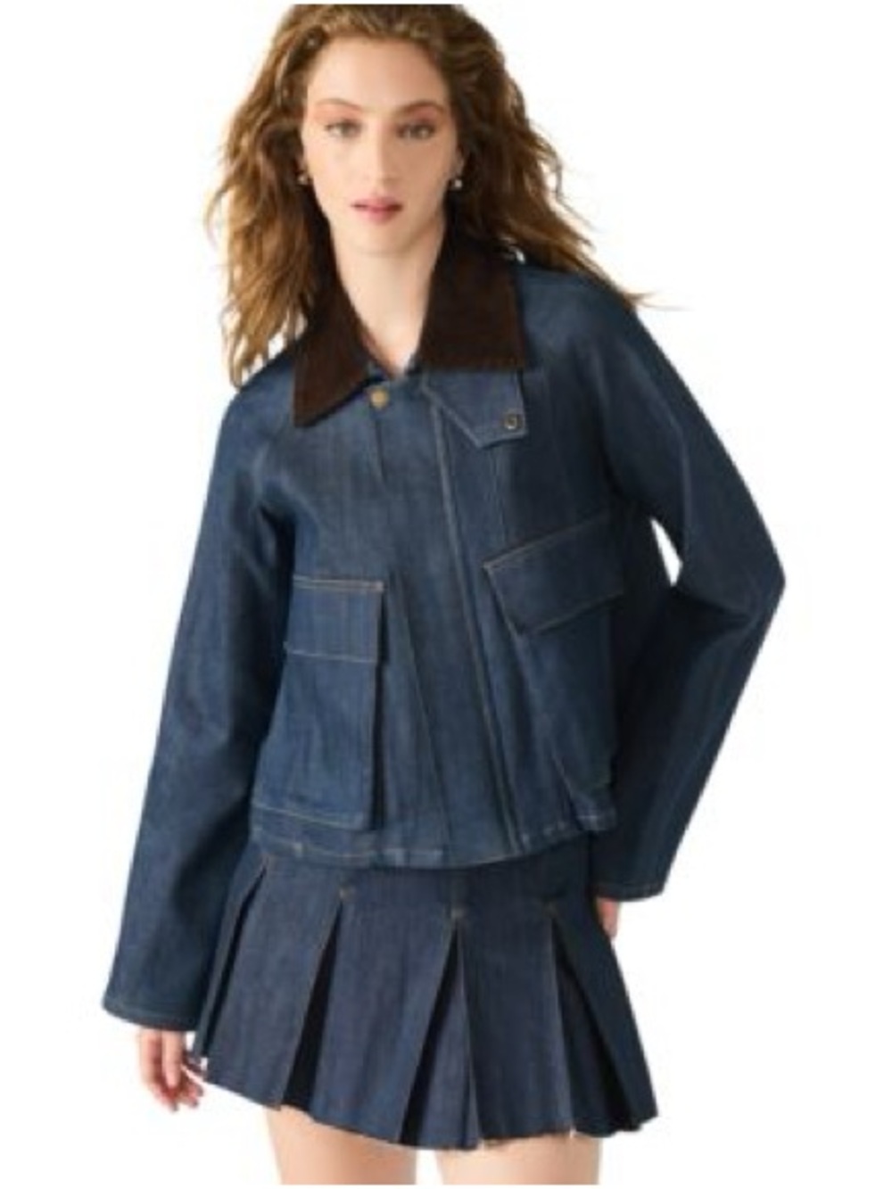 Steve Madden Bloomingdale’s Justina Dark Blue Denim Jacket Brown Collar - Picture 2 of 6